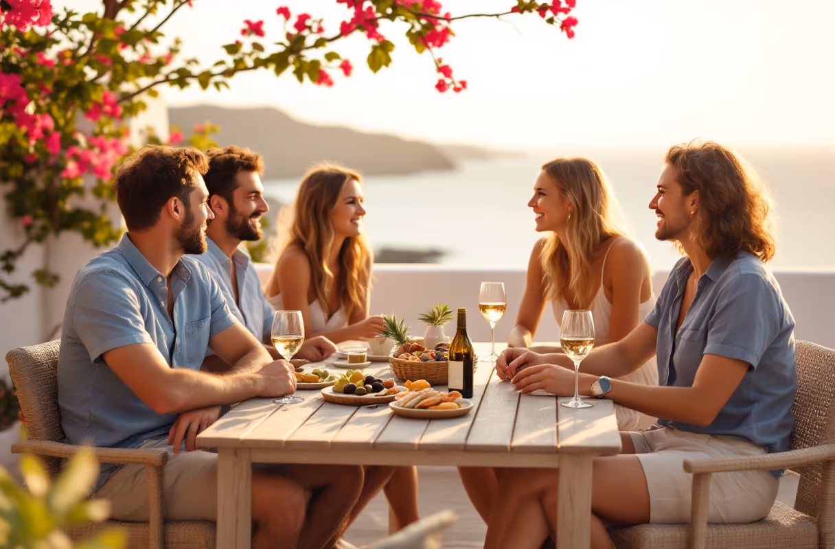The Atlantic coast — a typical setting for relaxed group meet-ups Four people relaxing together on a terrace by the Atlantic at golden hour