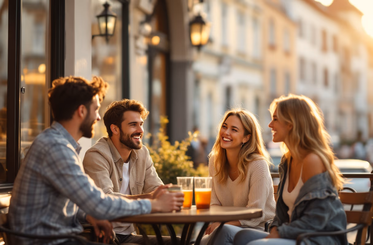 A Bratislava terrace — a typical setting for a relaxed group meet-up Four friends relaxing together on a café terrace in Bratislava at golden hour