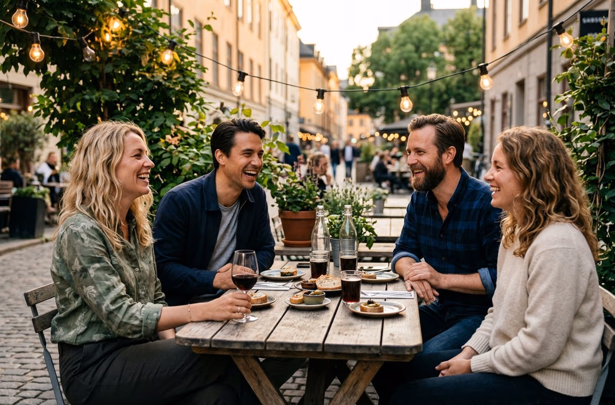 An easy evening among open-minded people — the after picture A small group of friends laughing around a table on a terrace in warm evening light