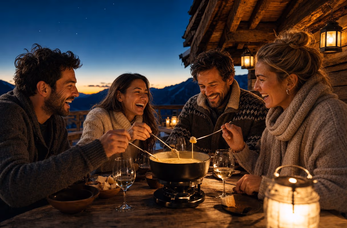 An easy evening among open-minded people — the after picture Four friends laughing over fondue on an alpine terrace at dusk