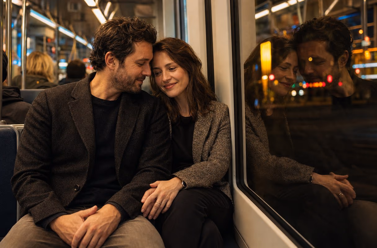 A night tram in Zurich — small shared decisions on the way to a first meeting A couple sharing a quiet moment on a Zurich tram at night, city lights reflected in the window
