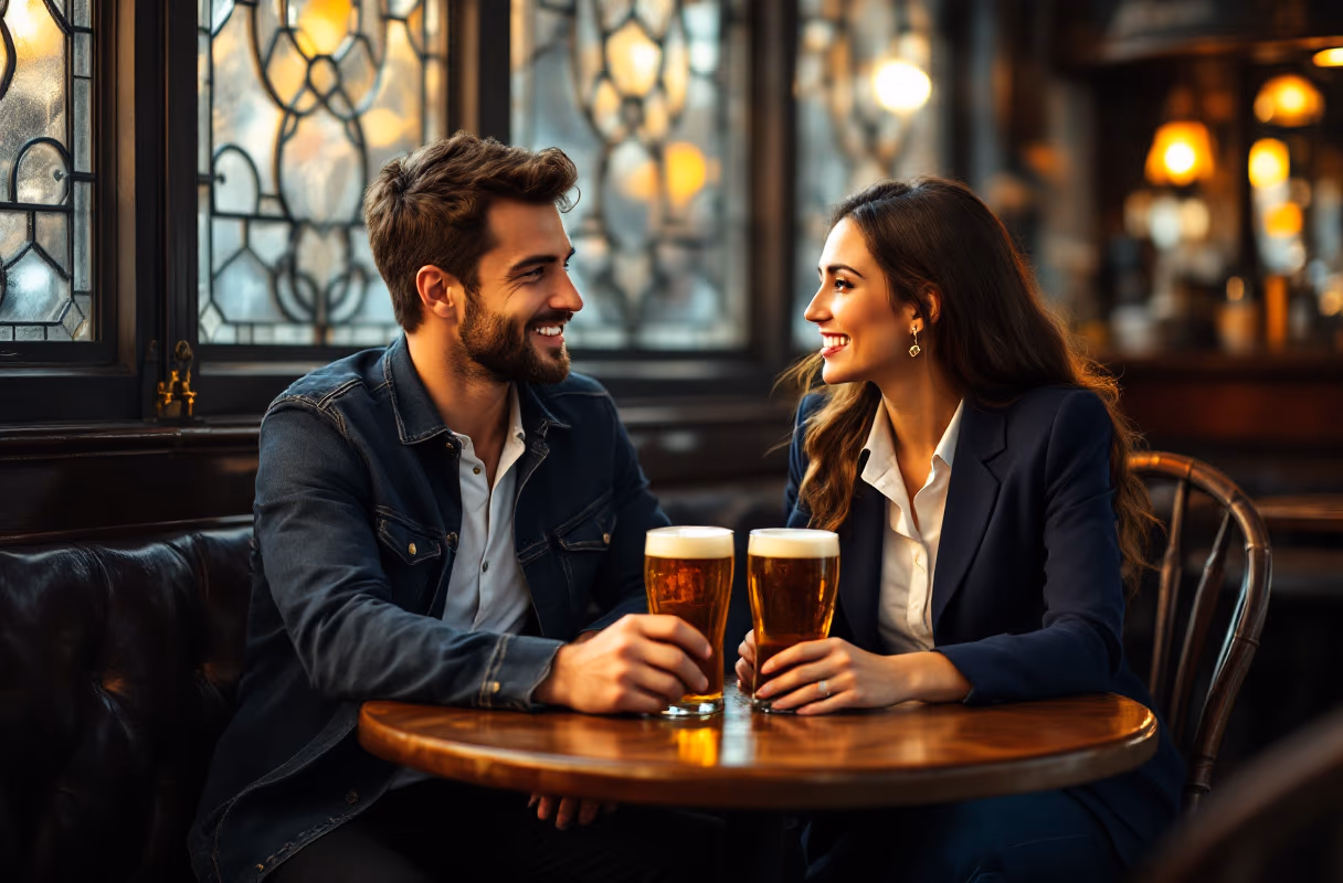 The British pub — a familiar, low-key setting for shared decisions A couple sharing a quiet drink at a traditional British pub