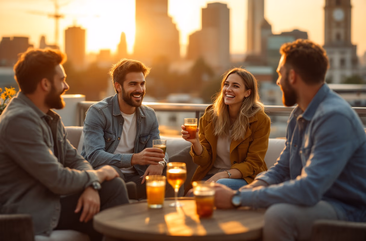 A London rooftop at golden hour — a typical setting for a relaxed group meet-up Four friends relaxing together on a London rooftop terrace at golden hour