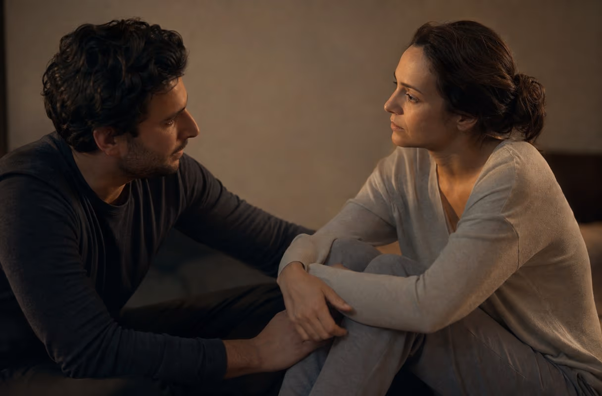 Two adults sitting close and talking seriously in warm low light, a quiet moment of trust and negotiation before anything begins