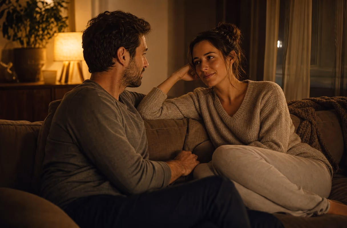 Two adults sitting close and talking warmly in soft low light, a relaxed moment of trust and honesty before anything begins