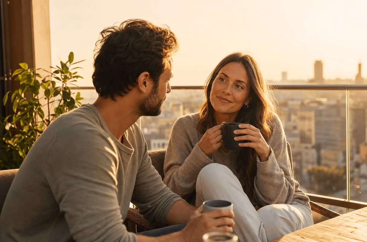 A couple sitting close on a balcony at golden hour, talking openly and warmly over coffee