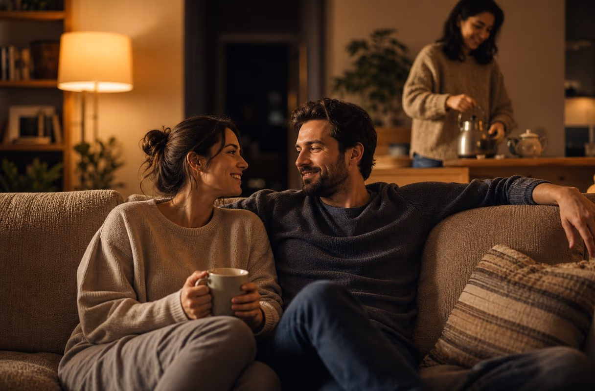 Three adults relaxed together on a sofa at home in warm evening light, one making tea, easy and unhurried