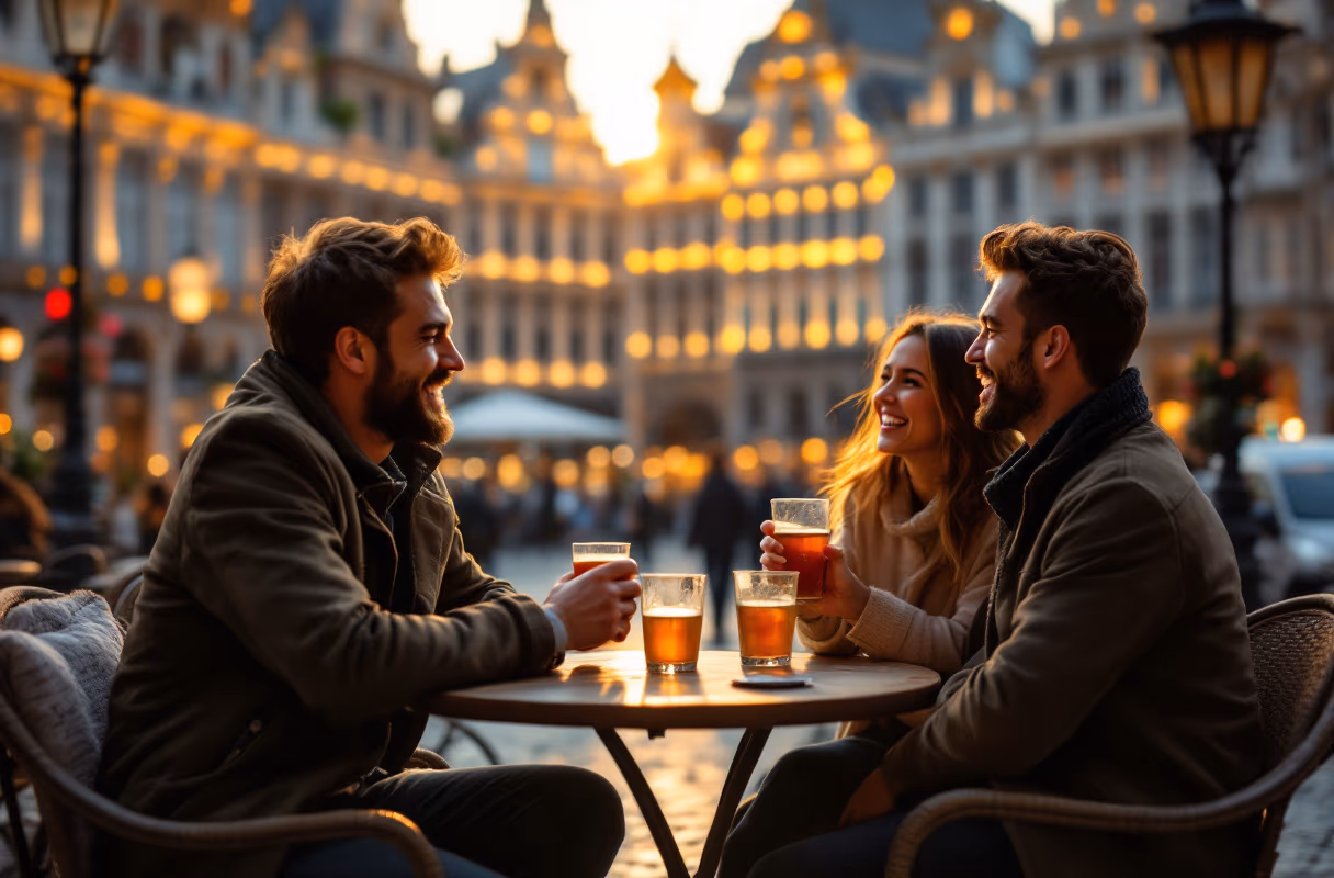 Four people at a café terrace near the Grand-Place in Brussels at golden hour