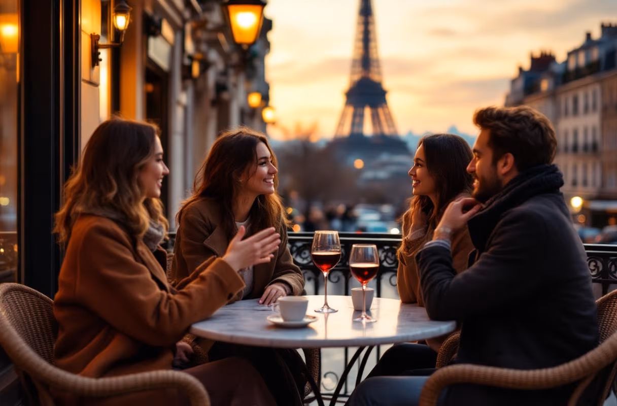 Four people at a Parisian café terrace at sunset, the Eiffel Tower visible between buildings