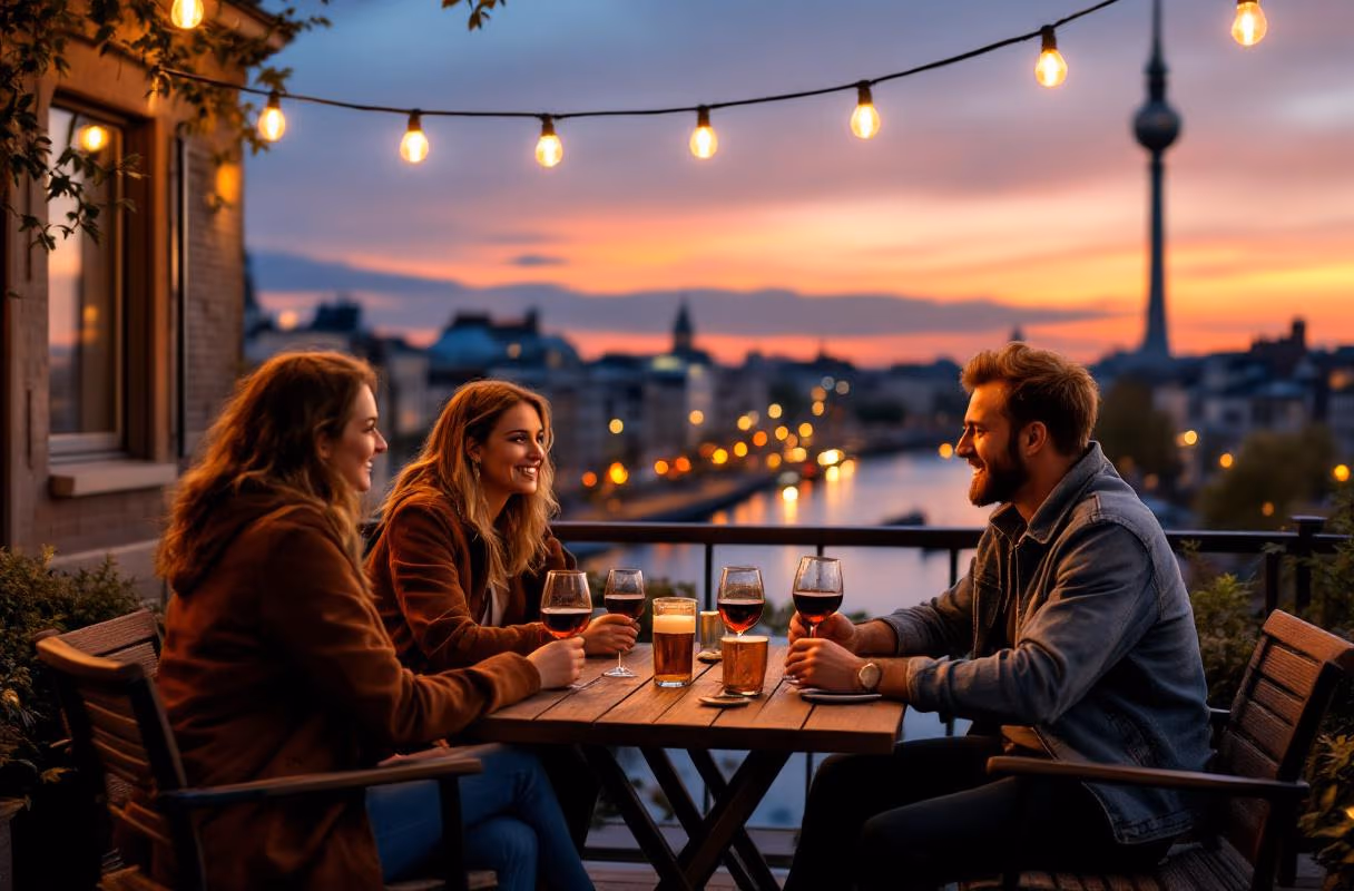 Four people on a Berlin rooftop by the Spree at blue hour, the TV tower in the background