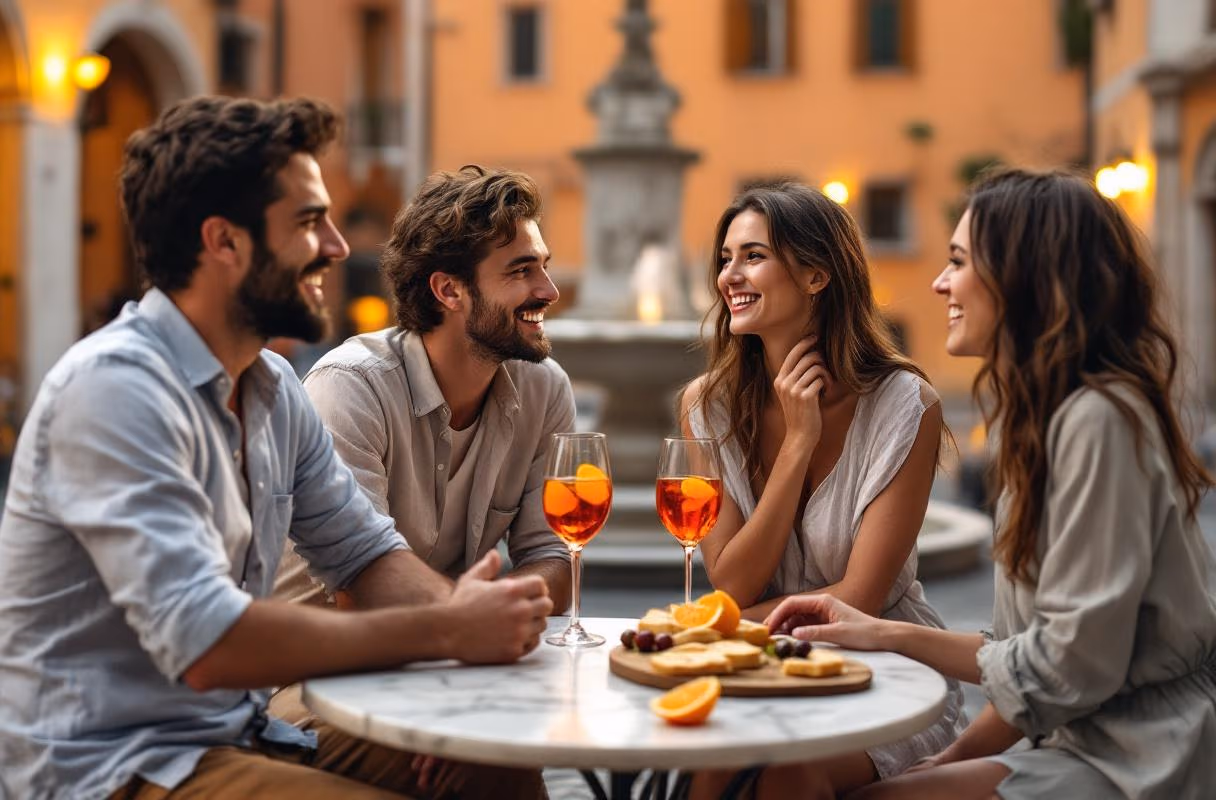 Four people at a Roman piazza during aperitivo at golden hour