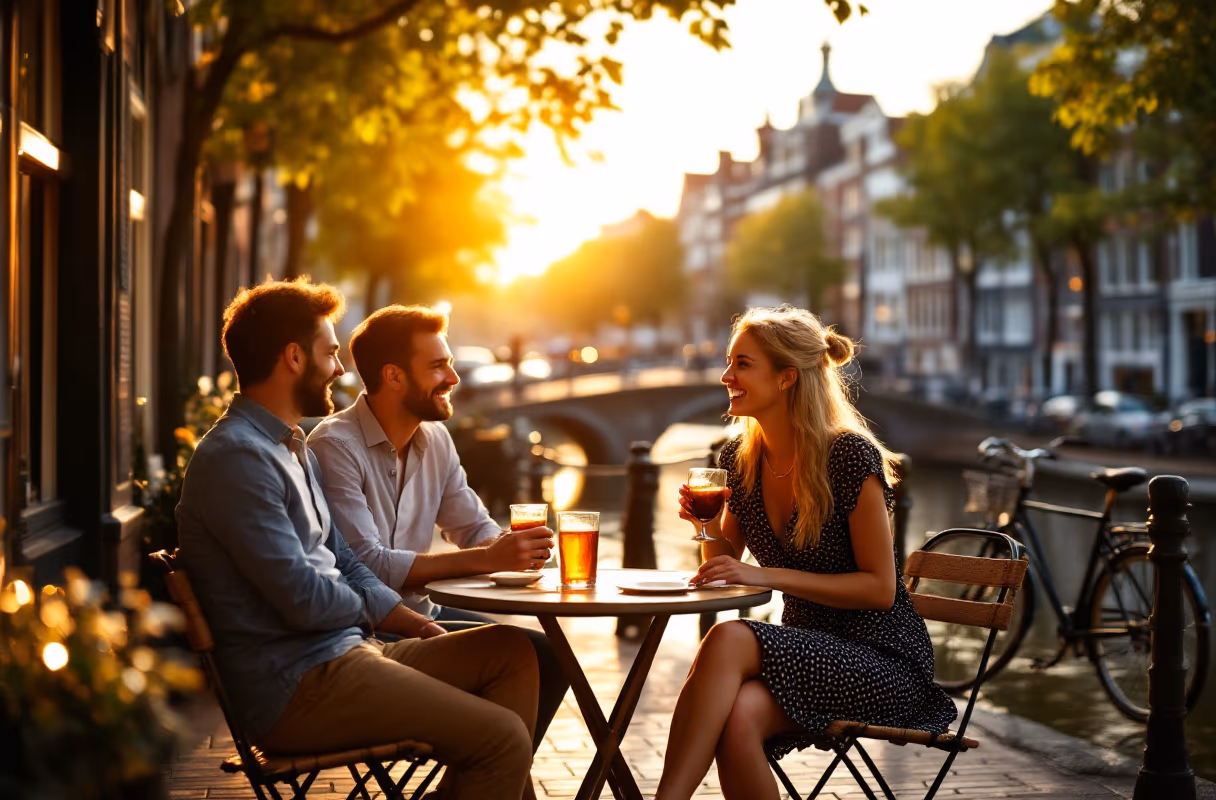 Four people at a canal-side café terrace in Amsterdam at golden hour