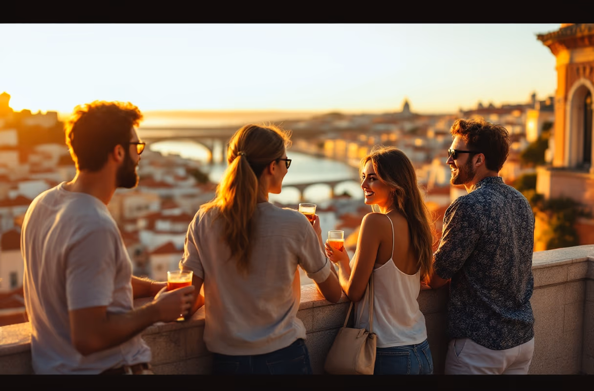 Four people at a Lisbon miradouro overlooking the Tagus at golden hour