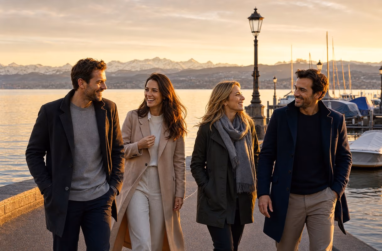 Four people talking on a lakeside promenade in Zurich at golden hour, the Alps on the horizon