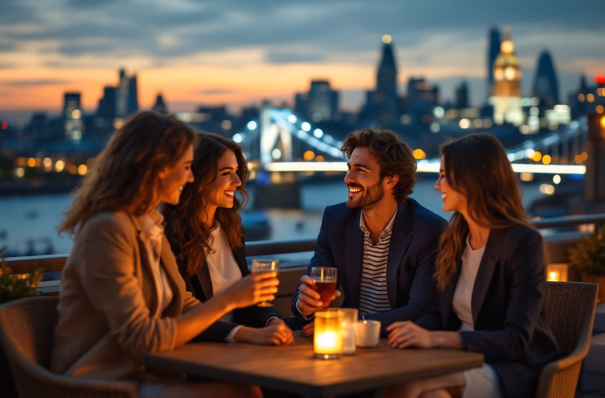 Four people on a London rooftop terrace overlooking the Thames at golden hour