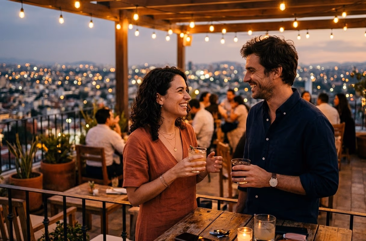 A couple talking on a rooftop terrace in Mexico City at dusk