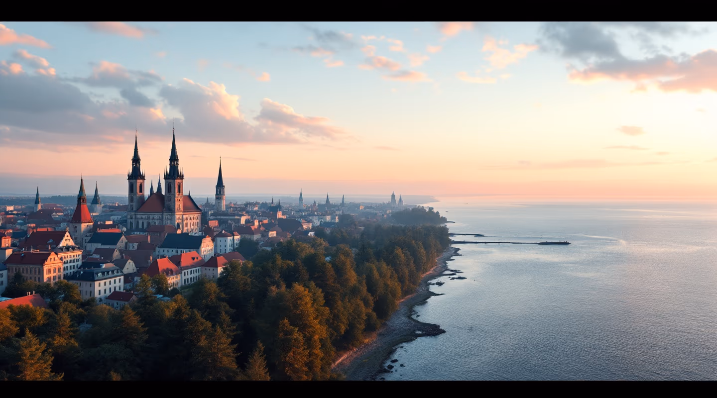 The Baltic old-town skyline at golden hour