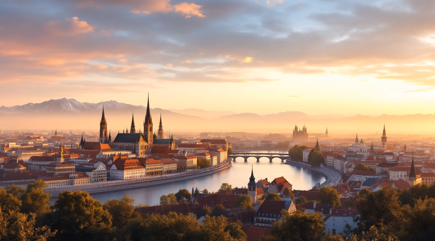 A Central European old-town skyline at golden hour