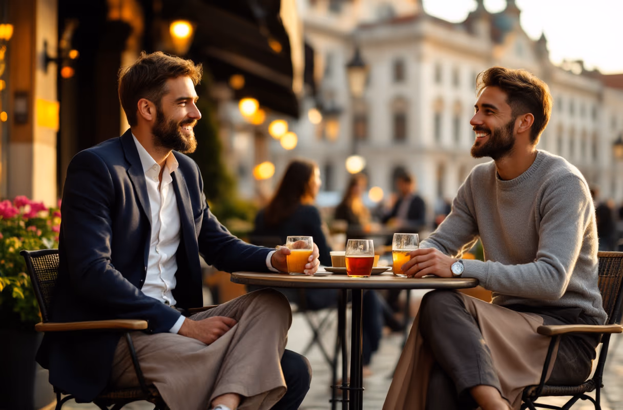 A small group on a Vienna café terrace at golden hour