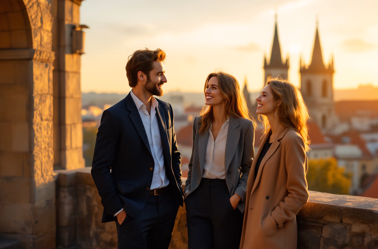 A small group on a terrace overlooking Prague at golden hour