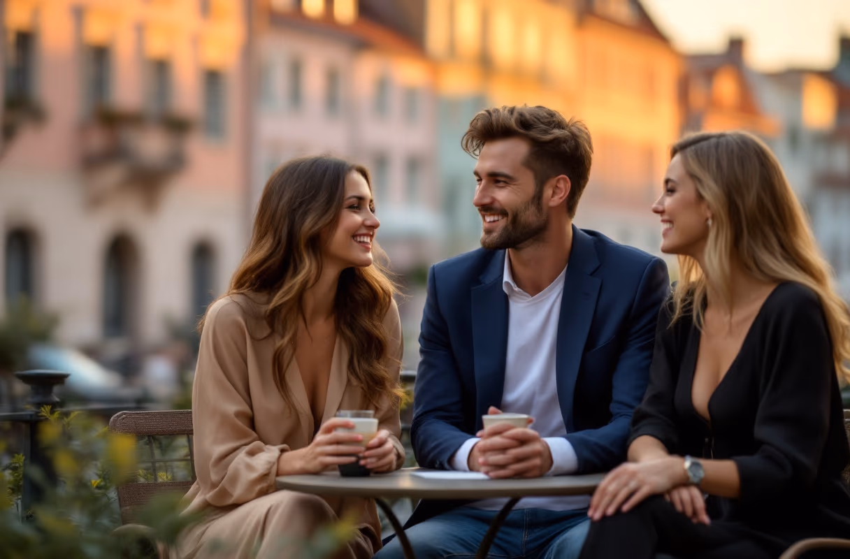 A small group on a terrace in Bratislava's old town at golden hour