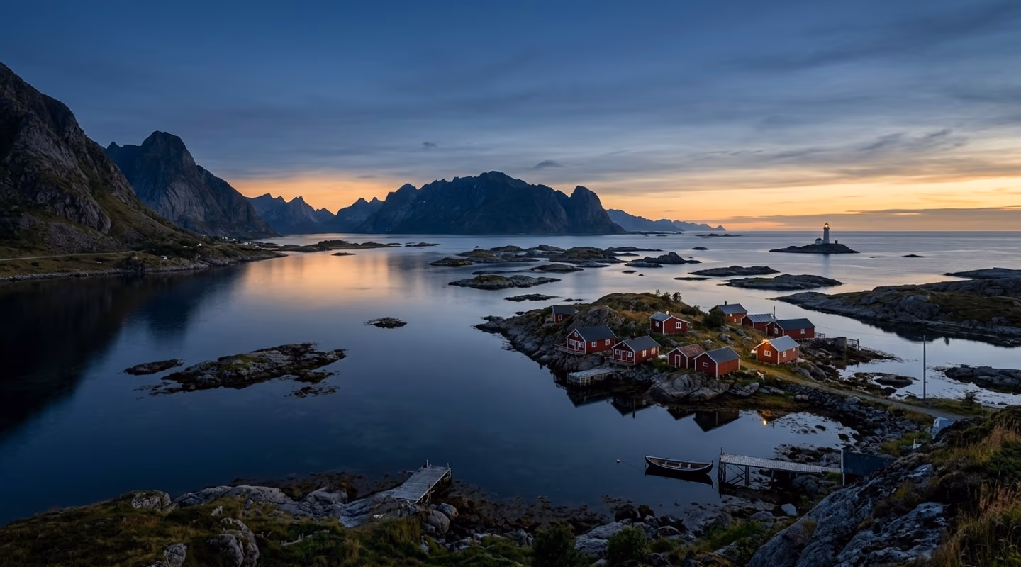 A Nordic waterfront at blue hour