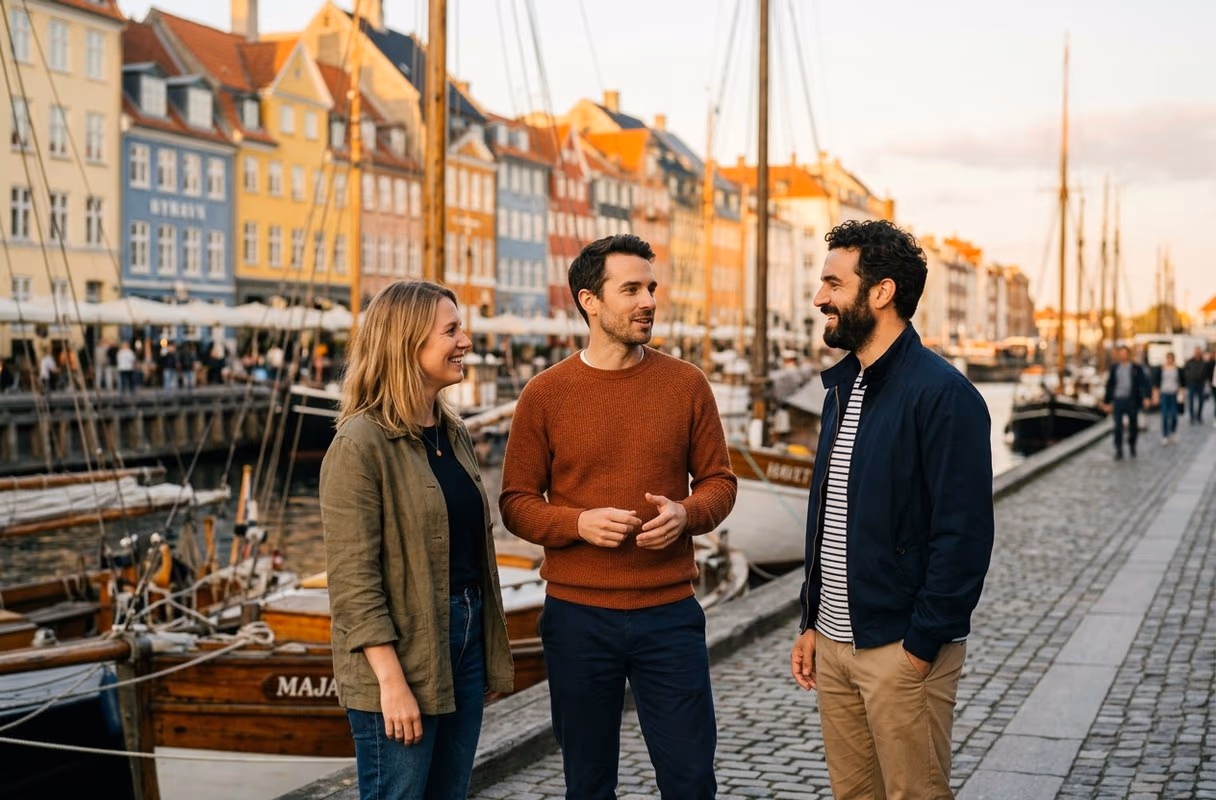 A small group by the colourful Nyhavn waterfront in Copenhagen at golden hour