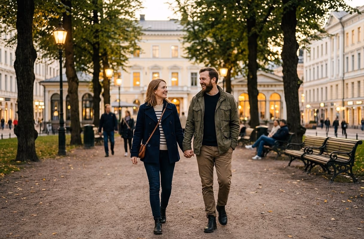 A couple on the tree-lined Esplanadi promenade in central Helsinki at dusk