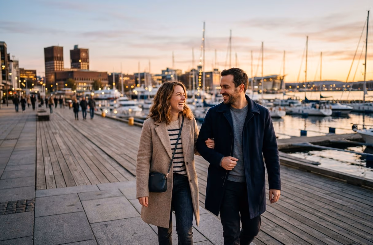A couple on the Aker Brygge waterfront in Oslo at dusk