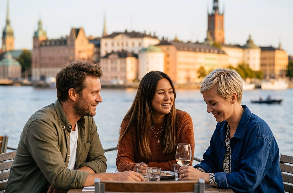 A small group on a Stockholm waterfront terrace at golden hour