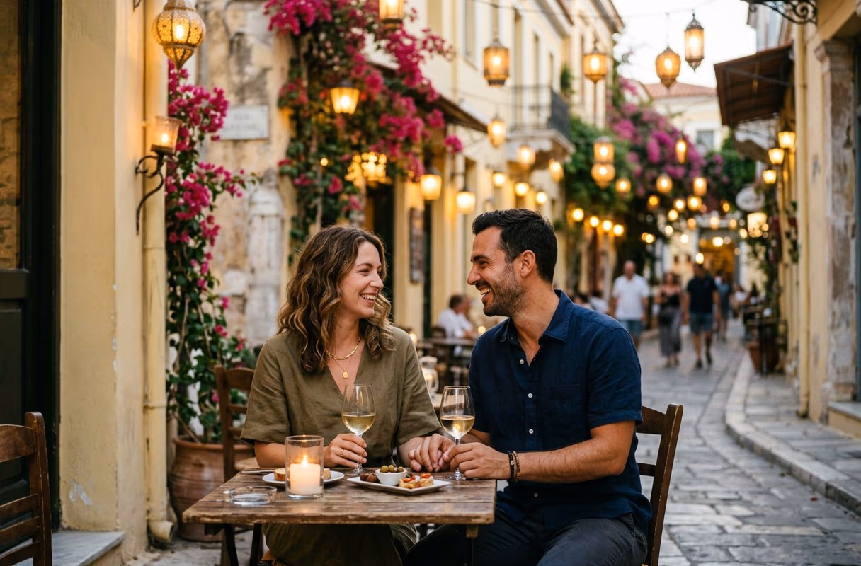 A couple talking at a small table in a lantern-lit lane of Plaka in Athens