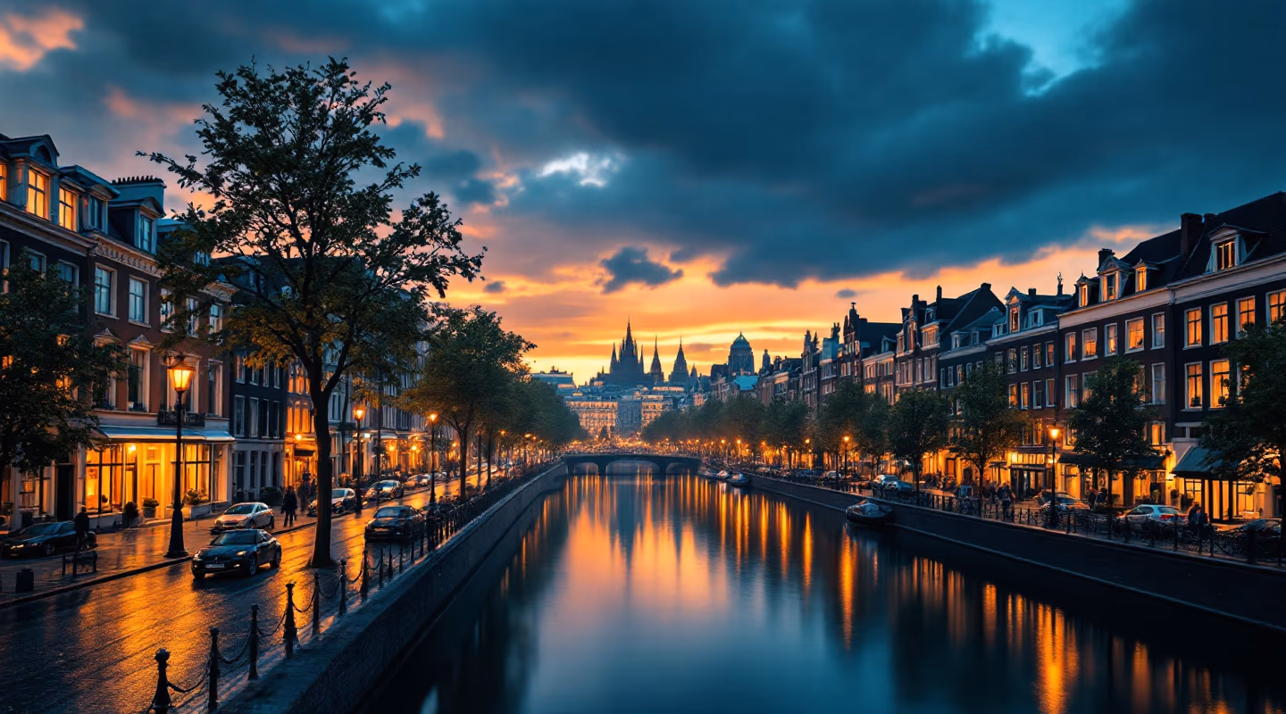 A Western European city at blue hour